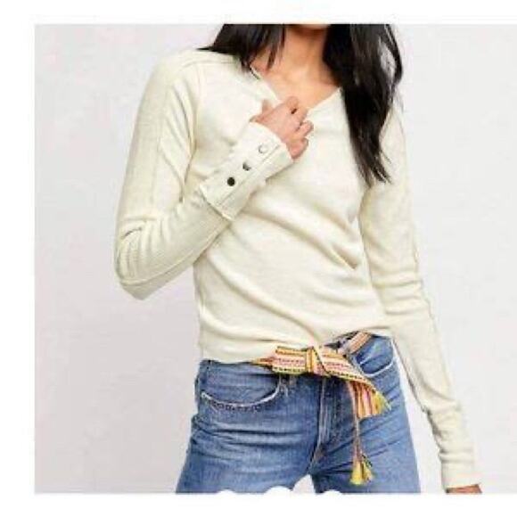 FREE PEOPLE Womens Tasha Long Sleeve Studded Thermal Top in Cactus Milk Size XS - Picture 1 of 9